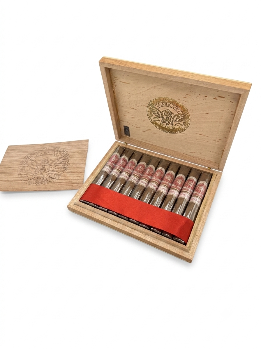 Open Casa de Wing cigar box with ten cigars in red and white bands, engraved crest on lid and matching wooden divider card