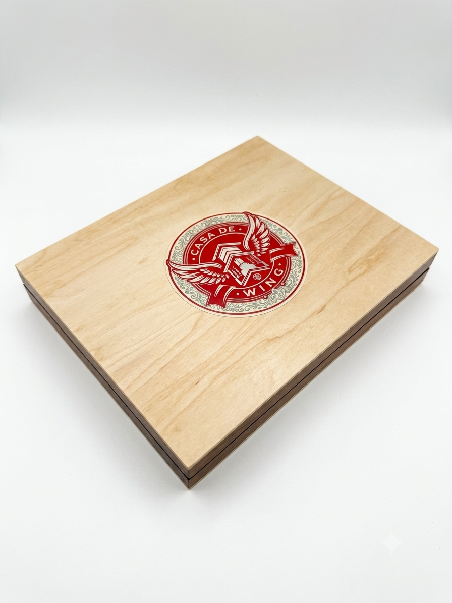 Closed walnut and maple cigar box with red Casa de Wing crest sticker, limited edition 10-count