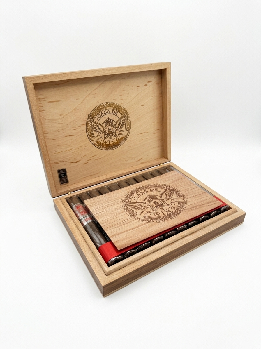 Open Casa de Wing cigar box showing cigars lined in a row with laser-engraved wooden divider and red ribbon