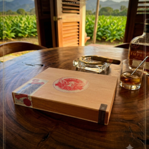 Casa de Wing cigar box on rustic wood table with lit cigar, rum, and Dominican Republic tobacco field in background
